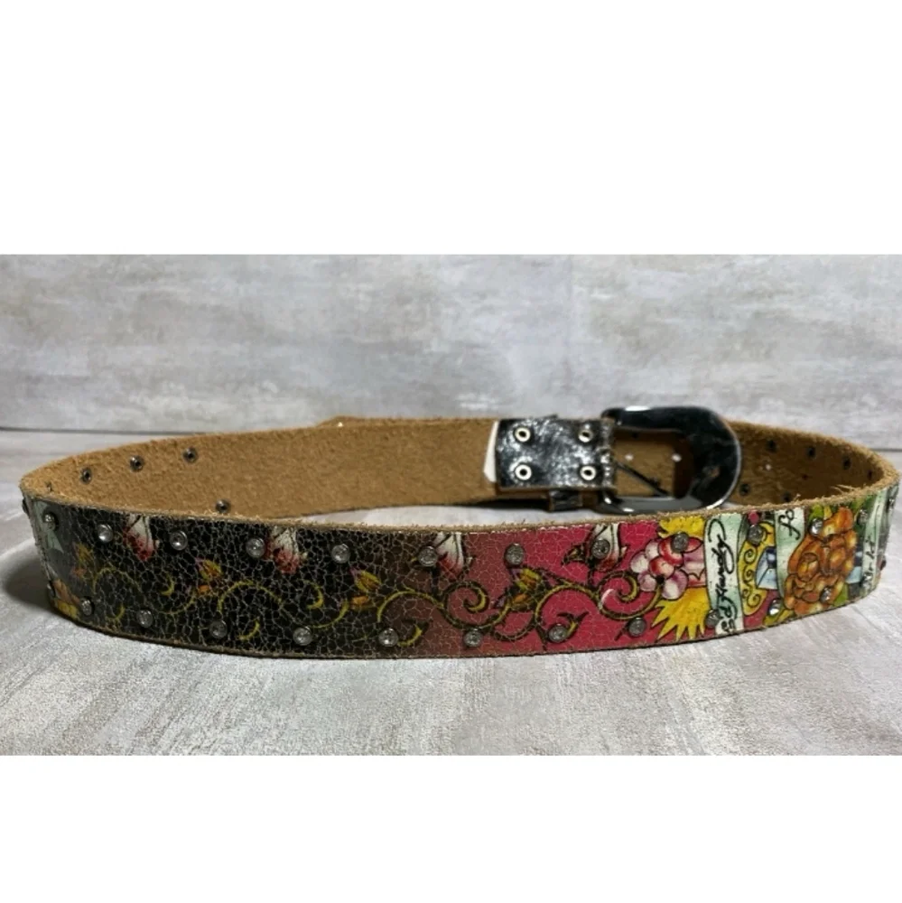 Ed Hardy For The World Rhinestone Studded Pink Black Tattoo Leather Belt Sz S-M - Picture 2 of 16